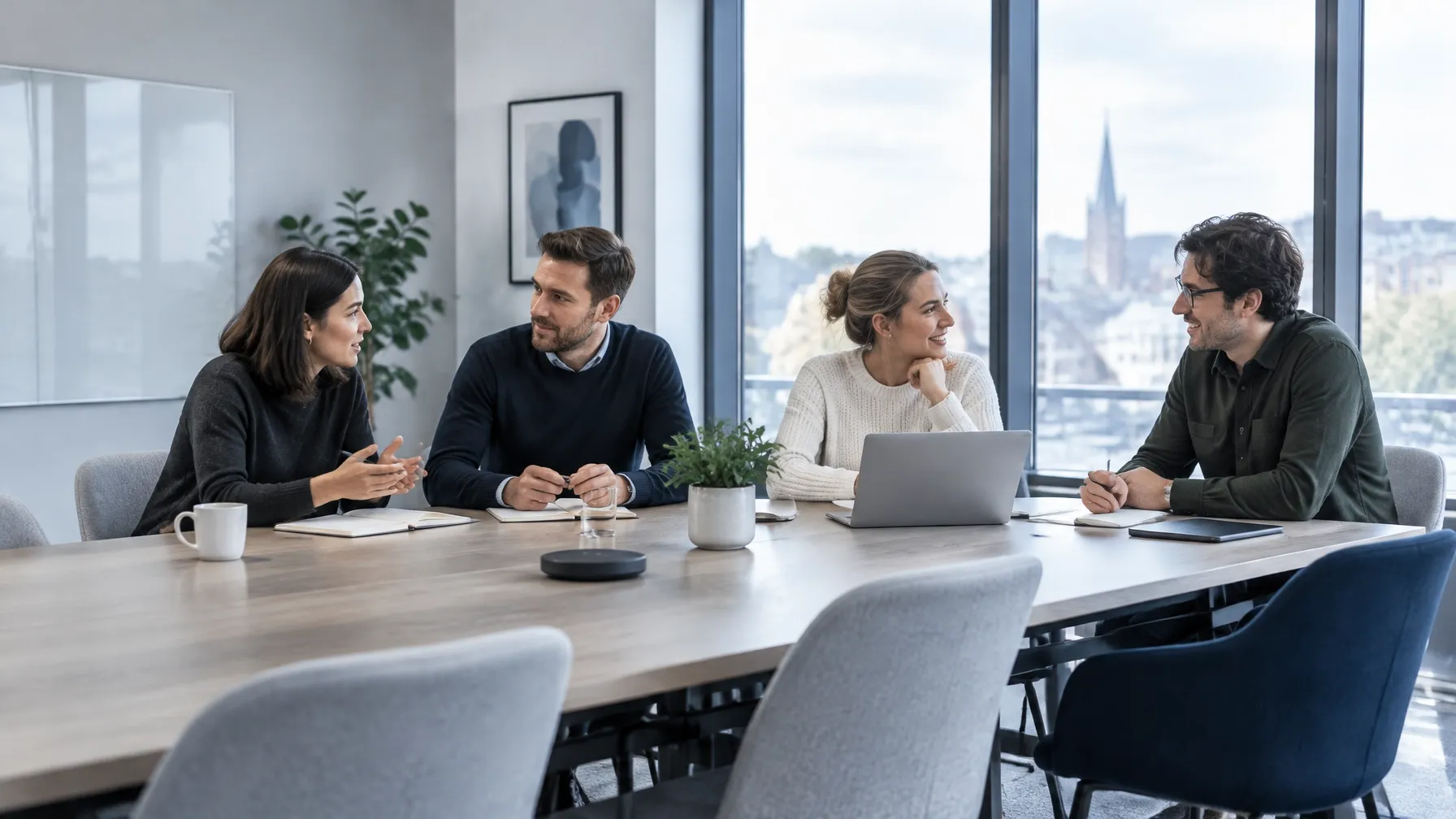 Colleagues discussing a software decision
