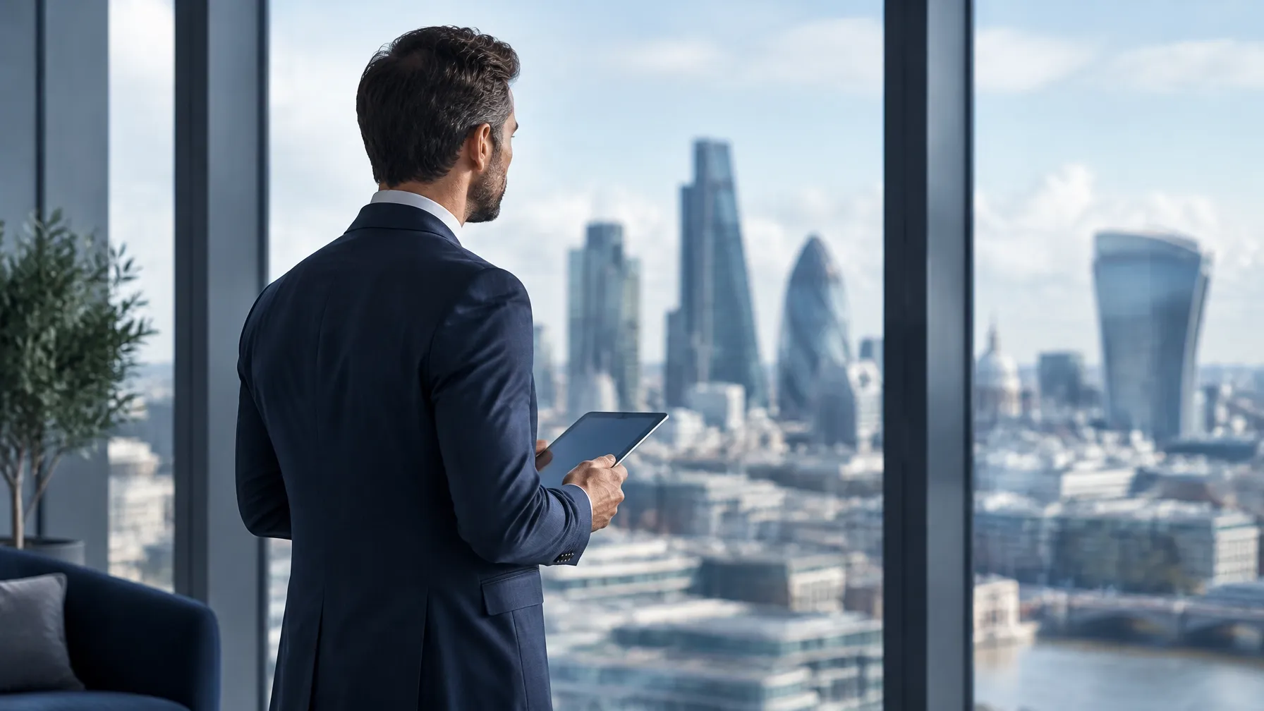 Technology leader reviewing information in a London office